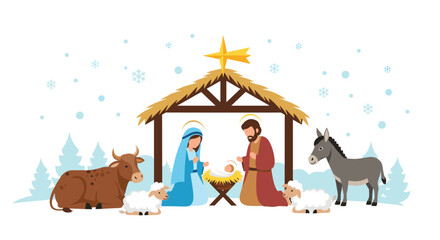 Naklejka premium Traditional Christmas nativity scene with Mary Joseph baby Jesus and stable animals in a snowy winter landscape.