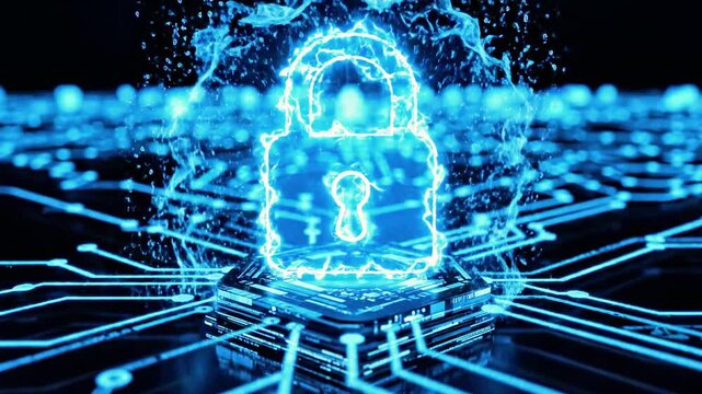 A glowing blue lock on a circuit board background with lines and pathways