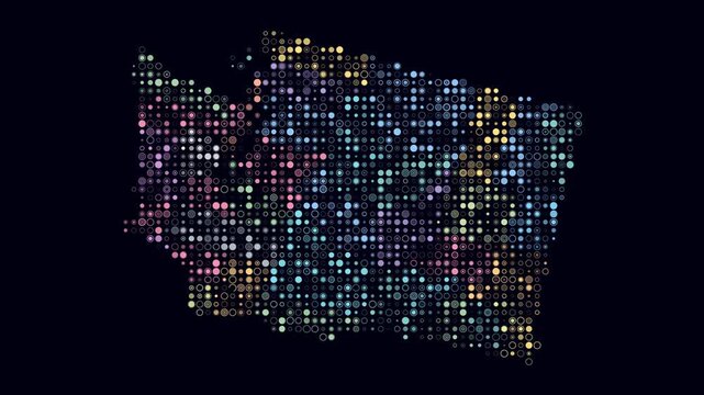 Washington animated shape. Pulsating colored dots on the map of the state. Small size circle blocks. Digital style Washington map on dark background. Modern animation video.