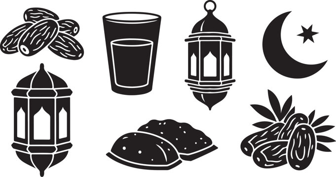 Ramadan Kareem Islamic Symbols and Food Illustrations Set