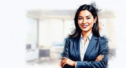Obraz premium Watercolor digital illustration of a smiling Asian businesswoman in an office