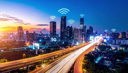 Naklejka premium Smart City 5G Network Connectivity and Future Technology Infrastructure