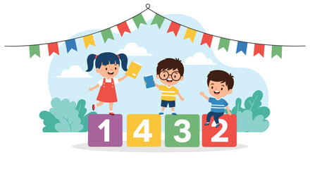 Fototapeta premium Happy children sitting on colorful blocks with numbers one four three and two celebrating education and early learning.