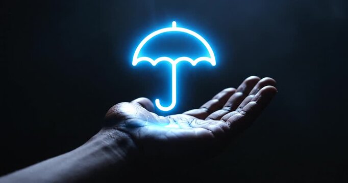A glowing blue umbrella icon projected above an outstretched hand in a misty, dark environment