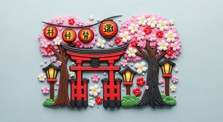 Naklejka premium Colorful Japanese Torii Gate with Cherry Blossoms and Lanterns
