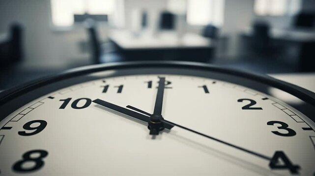 Closeup of a wall clock showing 10 oclock in an office setting symbolizing time management and punctuality.