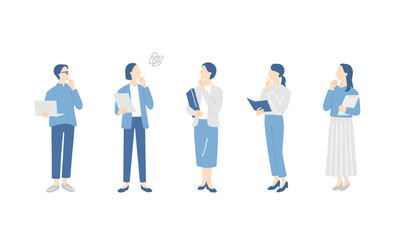 PCや書類ファイルを持って困っている、女性ビジネスチームの全身イラストセット
