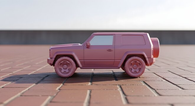 Pink Toy SUV parked on a Brick Patio with a Blurred Background