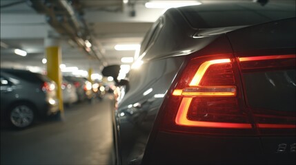 Fototapeta premium A sleek black car is parked in a dimly lit underground parking garage, with its rear lights illuminated and other vehicles visible in the background.
