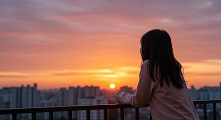 Fototapeta premium Sunset Contemplation: A woman stands on a balcony, gazing at a breathtaking sunset, reflecting on the beauty of the day's end and the promise of a new dawn.
