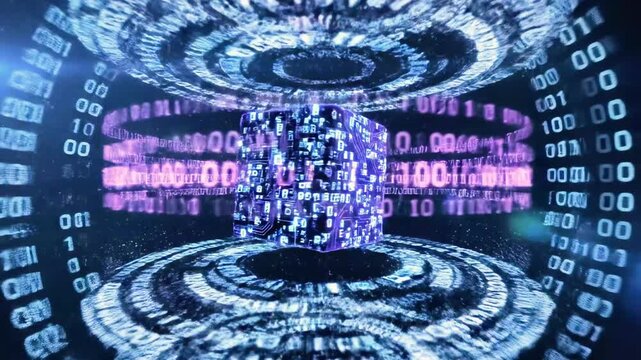 A futuristic digital artwork depicting a glowing blue cube surrounded by concentric circles of binary code, with vibrant light beams emanating from the center
