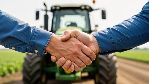 Agreement on the Field: A firm handshake seals a deal in front of a modern tractor, symbolizing partnership, trust, and the strength of the agricultural industry.