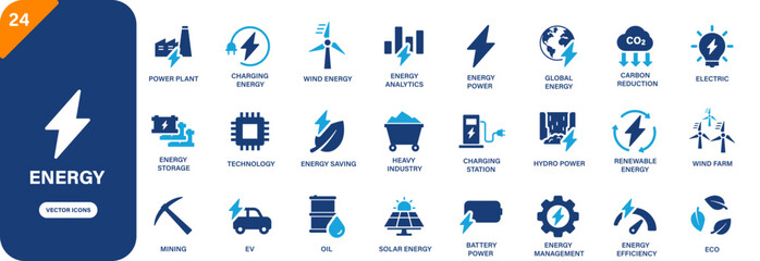 Plakat Energy icon collection featuring oil, heavy industry, wind energy, EV, hydro power and energy storage symbols. Solid vector icons.