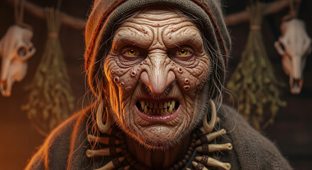Close-up portrait of a terrifying ancient witch with sharp teeth, glowing yellow eyes, and bone necklace in a dark rustic cabin.