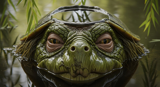 Close-up portrait of a mythical kappa creature with a water-filled head shell submerged in a serene pond surrounded by willow leaves.