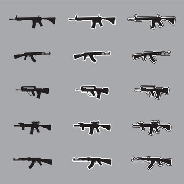 Set of assault rifle silhouette icons with sticker and outline styles, military tactical weapon vectors isolated on gray background.