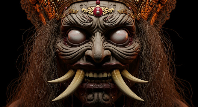 Intricate Balinese Demon Mask of Rangda with Sharp Tusks and Ornate Golden Crown Featuring Bulging White Eyes in a Dark Horror Setting