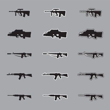 Set of assault rifle silhouette icons with sticker and outline styles, military tactical weapon vectors isolated on gray background.