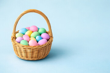 Fototapeta premium Easter Basket Filled with Pastel Colored Eggs on Blue Background with Copy Space