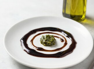 Gourmet plating with balsamic glaze swirl and pesto on white plate.
