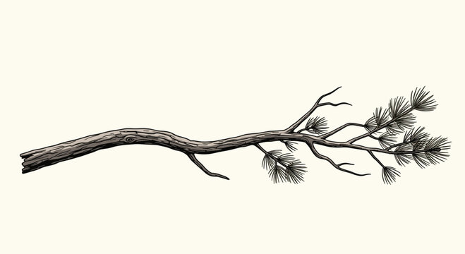Detailed vintage style sketch of a pine tree branch with needles and rough bark texture for nature themed projects.