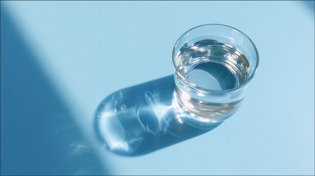 透明な水が入ったグラスの静かな光景。飲料や清潔感のイメージ素材に最適な写真。