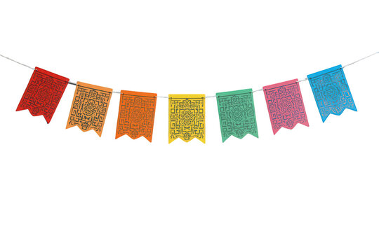 Papel picado banner decorating a vibrant string of colorful flags with intricate cut-out designs, perfect for mexican celebrations