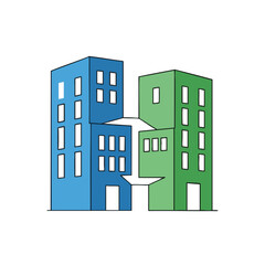 Naklejka premium Two abstract multi-story buildings, blue and green, connected in the center