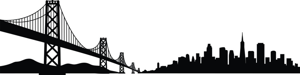 Obraz premium San Francisco skyline silhouette with Bay Bridge and downtown skyscrapers isolated on white background famous California USA cityscape illustration for travel