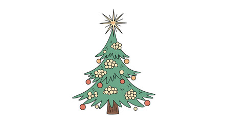 Fototapeta premium Decorated green Christmas tree with a bright star on top and colorful ornaments is a classic symbol of the holiday spirit.