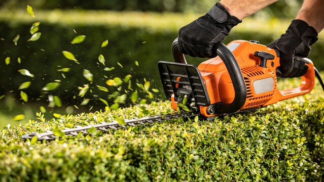 Person trimming hedge with electric trimmer