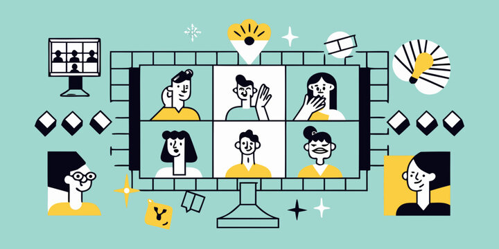 People connecting via video conference with bright idea illustrations