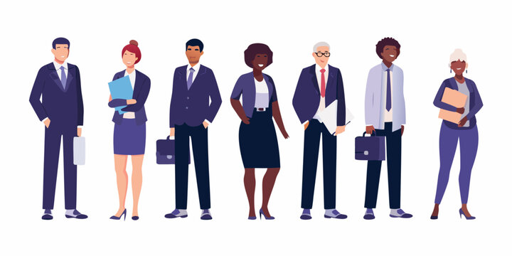 Diverse group of business professionals standing in a row smiling