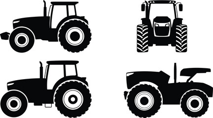 Set of tractor silhouettes showing agricultural farm tractors in side and front view isolated on white background for farming, agriculture, machinery, and transport design use © Anu's World