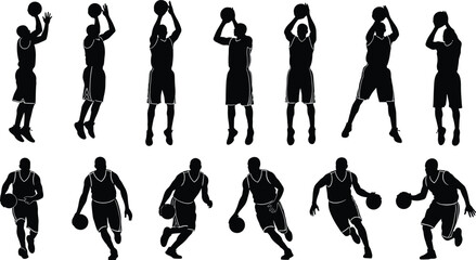 Basketball player silhouettes collection showing shooting and dribbling actions, athletic male athlete poses set, sport movement vector illustration isolated