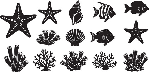 Obraz premium Black and white ocean icons and sea creatures collection