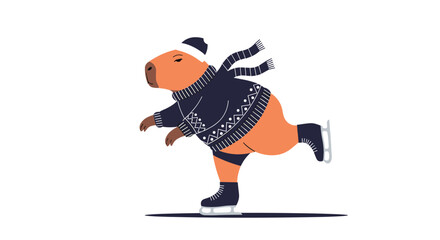 Fototapeta premium Capybara character wearing a cozy winter sweater and scarf enjoys ice skating across a frozen pond in this cute art.