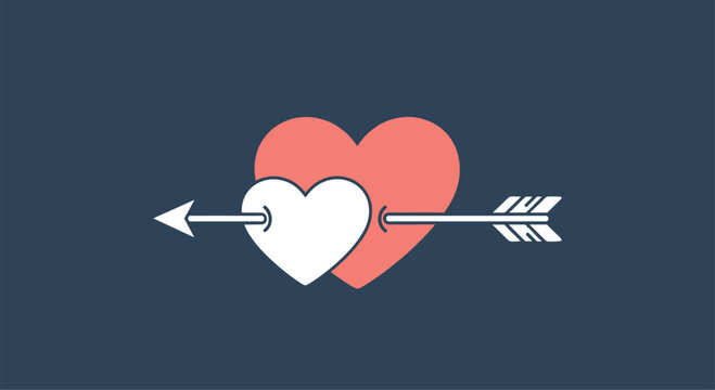 Two hearts pierced by a single white arrow are displayed against a dark blue background in this romantic symbol.