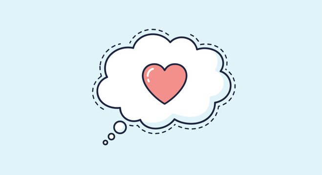 Round thought bubble on a light blue background contains a single pink heart representing love and affection.