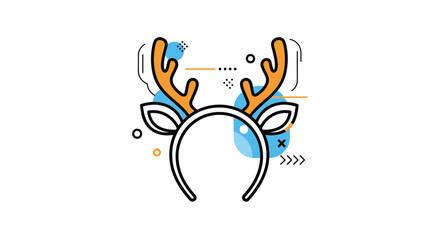 Festive headband with reindeer antlers and ears is surrounded by colorful abstract shapes and geometric patterns.