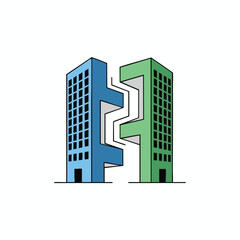 Obraz premium Two stylized buildings interlock with a zig-zag pattern, white background