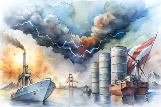 Editorial illustration of USA energy conflict, oil barrels and burning refinery symbolizing geopolitical tension and war. g.
