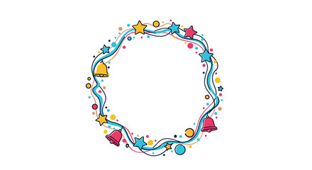 festive round wreath composed of stars bells and colorful dots creates a joyful decorative frame for seasonal holiday greetings and invitations.