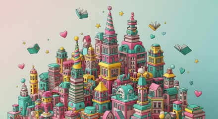 Fototapeta premium Whimsical Colorful Fantasy City with Books and Hearts in Vibrant Shades