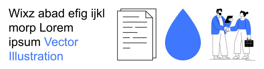 Business communication, corporate teamwork, document sharing, creative collaboration, water resources, professional networking. ion of people, a document and a water drop. Business communication