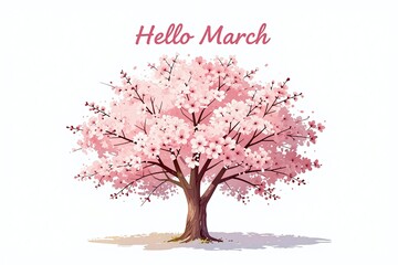 Obraz premium A watercolor painting of a pink cherry blossom tree with the words Hello March
