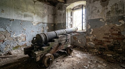 Old cannon in a decaying room with peeling gray walls