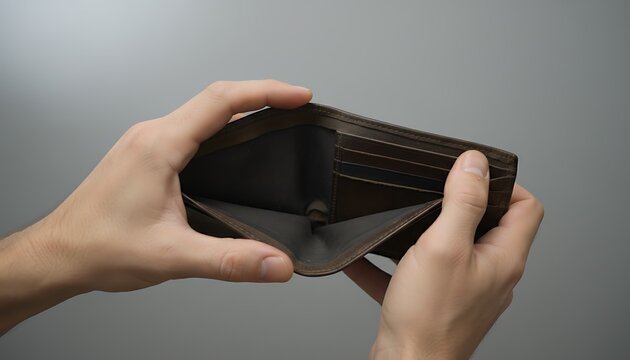 Close-up of human hands opening an empty brown leather wallet, vividly depicting financial hardship, economic struggle, and the challenge of having no money