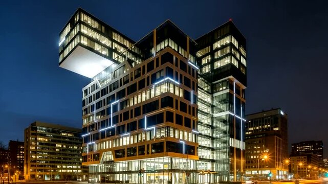 Modern architectural marvel at night with city lights
