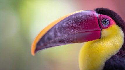 Fototapeta premium Toco Toucan Bird Close Up Portrait Featuring Large Colorful Bill and Vibrant Feathers in a Lush Tropical Jungle Setting for Eco Tourism and Wildlife Conservation